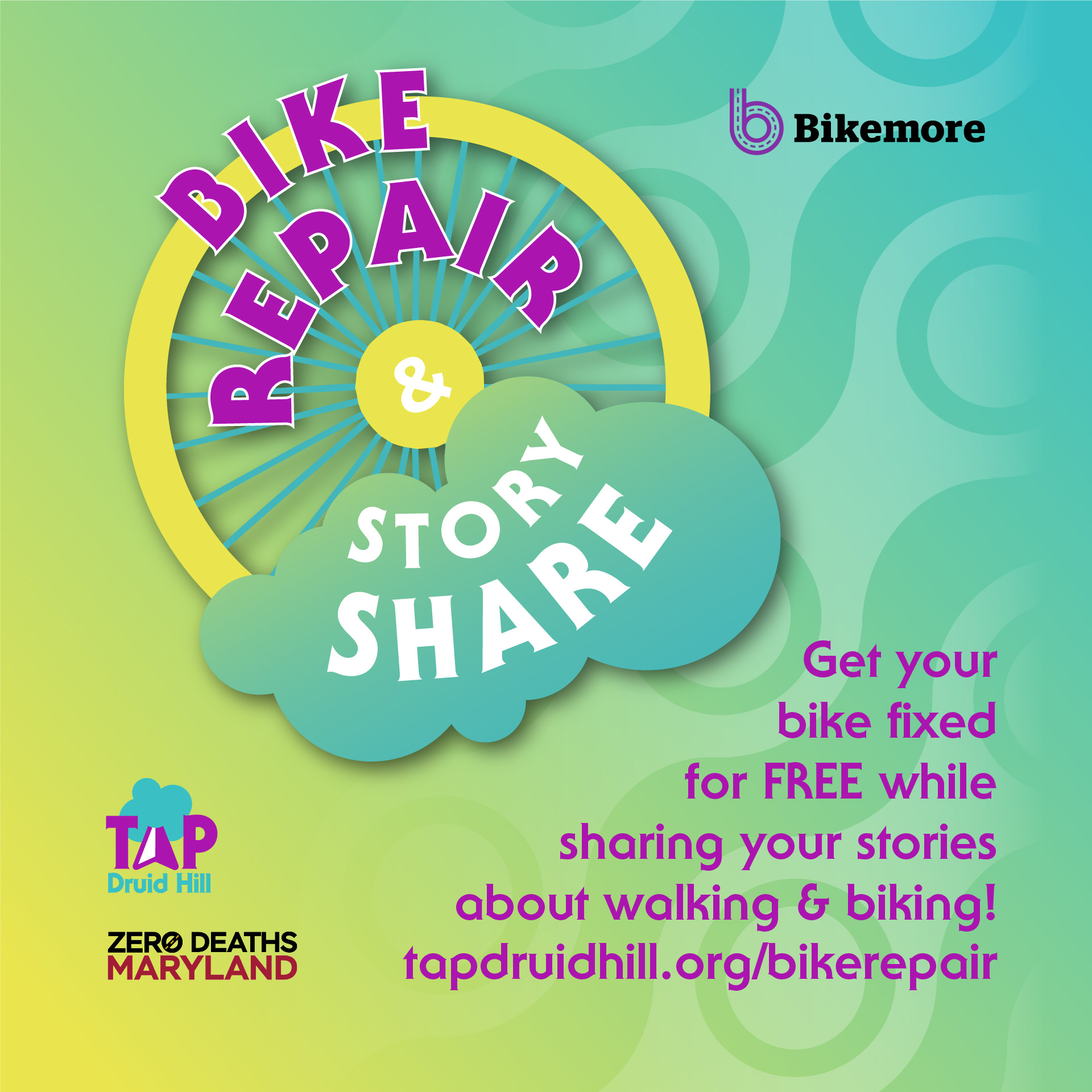 Bike Repair & Story Share banner inviting the reader to "Get your bike fixed for FREE while sharing your stories about walking & biking!"